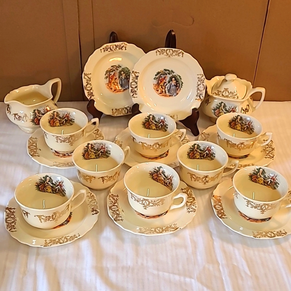 Vintage Colonial Victorian Tea Set Creamer Sugar Teacups Saucers